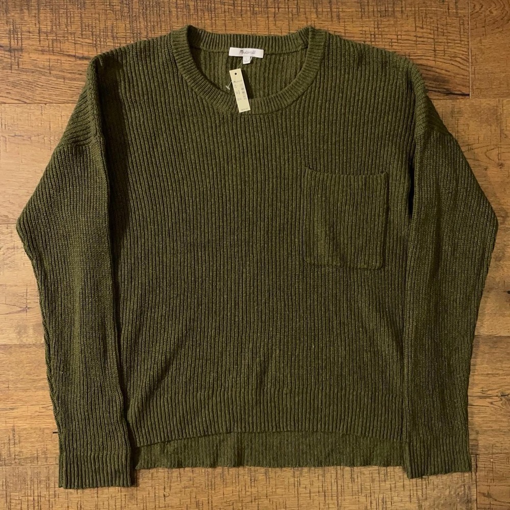 Madewell Ribbed Knit Sweater Women Large Olive Green Casual Pocket AA782